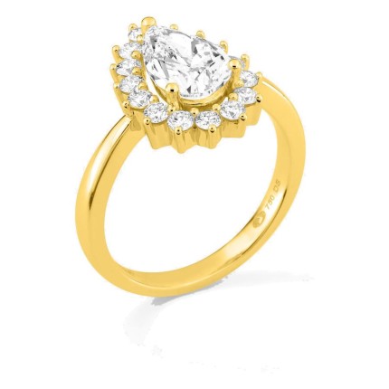 Anel em ouro amarelo 18K com diamantes criados 2,00 ct e centro lapidação pera 1,50 ct