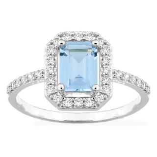 Anillo de plata de ley 925 rodiada con circonita rectangular azul cielo y halo blanco
