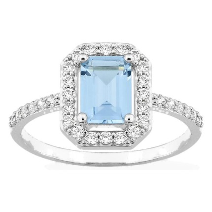Anel em prata de lei 925 ródiada com zircónia rectangular azul-céu e halo branco