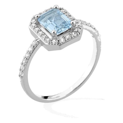 Anel em prata de lei 925 ródiada com zircónia rectangular azul-céu e halo branco