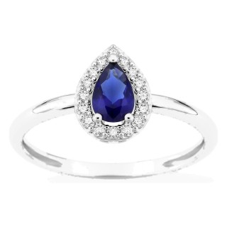 Anel em prata de lei 925 ródiada com zircónia azul 6x4 mm e halo