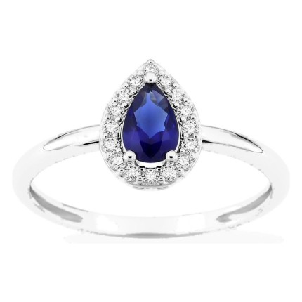 Anel em prata de lei 925 ródiada com zircónia azul 6x4 mm e halo
