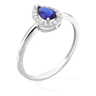 Anel em prata de lei 925 ródiada com zircónia azul 6x4 mm e halo
