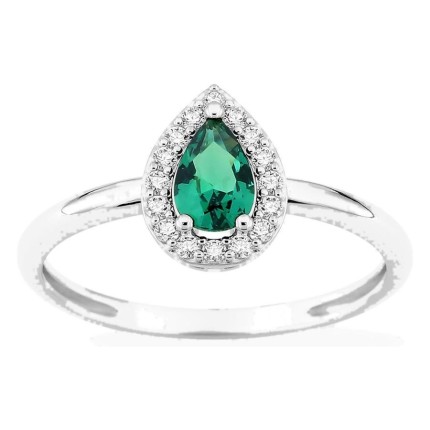 Anillo de plata de ley 925 rodiada con circonita verde 6x4 mm y halo