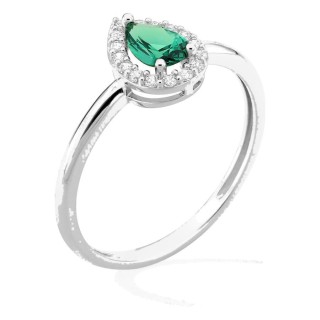 Anel em prata de lei 925 ródiada com zircónia verde 6x4 mm e halo