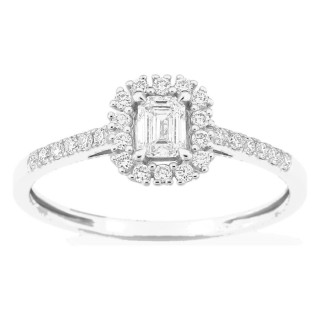 Anel em ouro branco 9K com diamantes criados 0,43 ct e centro de lapidação esmeralda 0,25 ct em halo