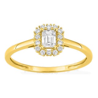 Anillo de oro amarillo 9K con diamantes creados 0,36 ct y centro de talla esmeralda 0,25 ct en halo