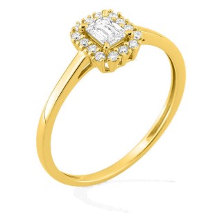 Anel em ouro amarelo 9K com diamantes criados 0,36 ct e centro de lapidação esmeralda 0,25 ct em halo