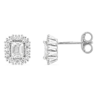 Pendientes de botón de oro blanco 9K con diamantes creados 0,72 ct y centro de talla esmeralda en halo