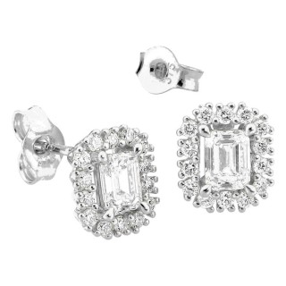 Pendientes de botón de oro blanco 9K con diamantes creados 0,72 ct y centro de talla esmeralda en halo