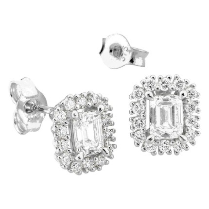 Pendientes de botón de oro blanco 9K con diamantes creados 0,72 ct y centro de talla esmeralda en halo