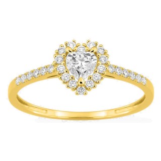 Anillo de oro amarillo 9K con diamantes creados 0,37 ct y centro talla corazón 0,19 ct en halo