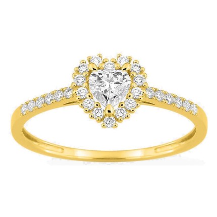 Anel em ouro amarelo 9K com diamantes criados 0,37 ct e centro lapidação coração 0,19 ct em halo