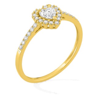 Anel em ouro amarelo 9K com diamantes criados 0,37 ct e centro lapidação coração 0,19 ct em halo