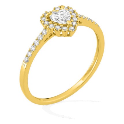 Anel em ouro amarelo 9K com diamantes criados 0,37 ct e centro lapidação coração 0,19 ct em halo