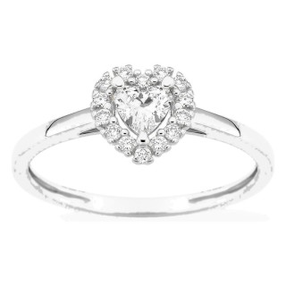 Anel em ouro branco 9K com diamantes criados 0,29 ct e centro lapidação coração 0,19 ct em halo