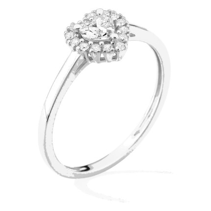 Anillo de oro blanco 9K con diamantes creados 0,29 ct y centro talla corazón 0,19 ct en halo