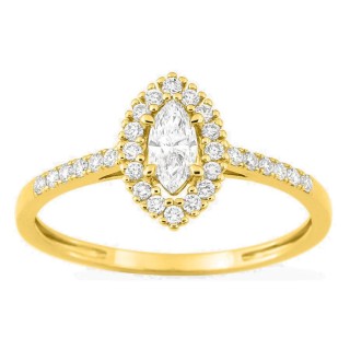 Anillo de oro amarillo 9K con diamantes creados 0,42 ct y centro de talla marquesa 0,22 ct en halo