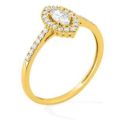 Anillo de oro amarillo 9K con diamantes creados 0,42 ct y centro de talla marquesa 0,22 ct en halo