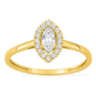 Anel em ouro amarelo 9K com diamantes criados 0,33 ct e centro de lapidação marquise 0,22 ct em halo