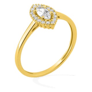 Anel em ouro amarelo 9K com diamantes criados 0,33 ct e centro de lapidação marquise 0,22 ct em halo