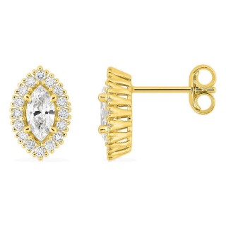 Pendientes de botón de oro amarillo 9K con diamantes creados 0,66 ct y centro de talla marquesa en halo