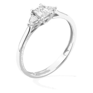 Anillo de oro blanco 9K con diamante talla esmeralda 0,25 ct y dos piedras triangulares