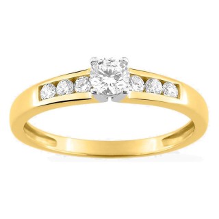 Anel solitário acompanhado em ouro amarelo 18K, ródio e zircónias