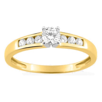 Anel solitário acompanhado em ouro amarelo 18K, ródio e zircónias