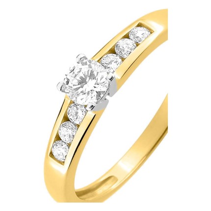 Anillo solitario acompañado de oro amarillo 18K, rodio y circonitas