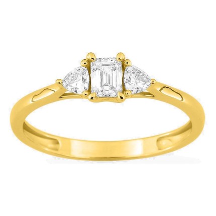 Anel em ouro amarelo 9K com diamante de lapidação esmeralda 0,25 ct e duas pedras triangulares