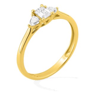 Anel em ouro amarelo 9K com diamante de lapidação esmeralda 0,25 ct e duas pedras triangulares