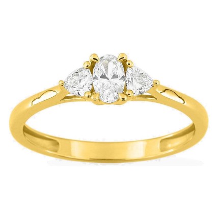 Anillo de oro amarillo 9K con diamante ovalado 0,20 ct y dos piedras triangulares