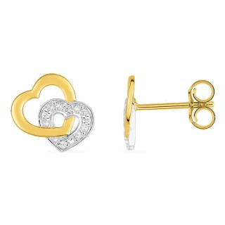 Brincos de corações entrelaçados em ouro amarelo e branco 18K com diamantes 0,01 ct