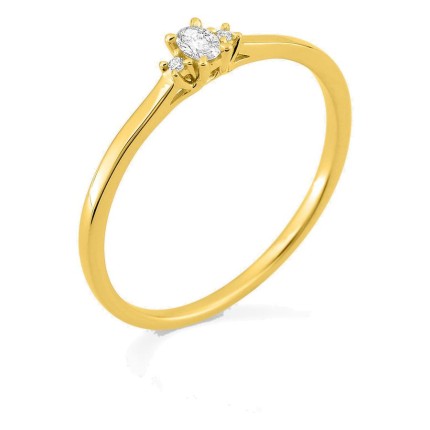 Anillo solitario de oro amarillo 9K con diamante acompañado 0,07 ct