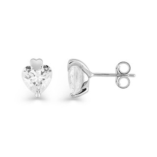 Pendientes de botón de corazón en oro blanco de 9K y circonitas