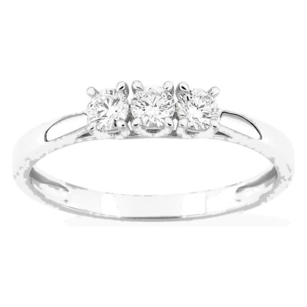 Anillo de oro blanco 9K con tres diamantes creados 0,30 ct en engaste de garras