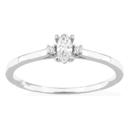 Anel solitário em ouro branco 9K com diamante de lapidação marquise acompanhado 0,13 ct