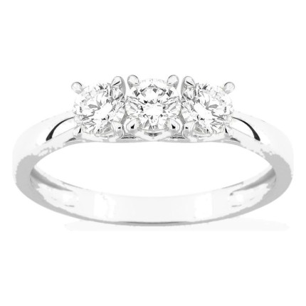 Anillo de oro blanco 9K con tres diamantes creados 0,60 ct en engaste de garras