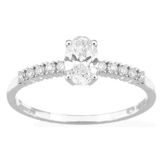 Anillo solitario acompañado de oro blanco 18K con diamantes creados 0,63 ct talla ovalada