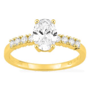 Anillo solitario acompañado de oro amarillo 18K con diamantes creados 1,21 ct talla ovalada