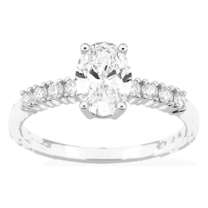 Anillo solitario acompañado de oro blanco 18K con diamantes creados 1,21 ct talla ovalada