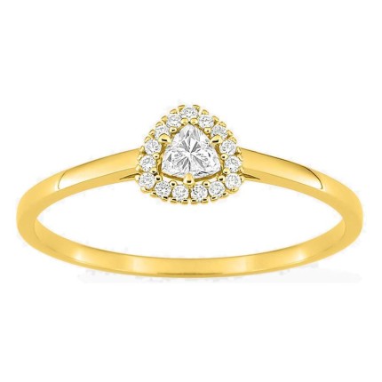 Anillo de oro amarillo 9K con diamantes creados 0,13 ct y centro de talla trillón 0,09 ct en halo