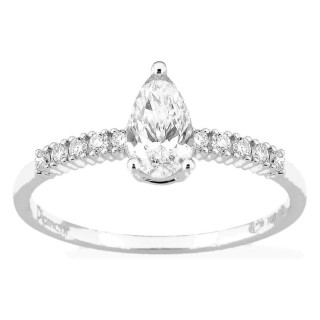 Anillo solitario acompañado de oro blanco 18K con diamantes creados 0,63 ct talla pera