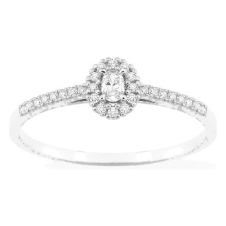Anel em ouro branco 9K com diamantes criados 0,17 ct e centro oval 0,06 ct em halo