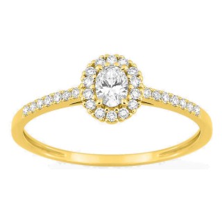 Anel em ouro amarelo 9K com diamantes criados 0,30 ct e centro oval 0,16 ct em halo