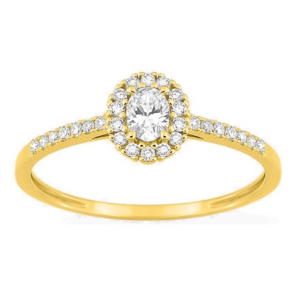 Anel em ouro amarelo 9K com diamantes criados 0,30 ct e centro oval 0,16 ct em halo