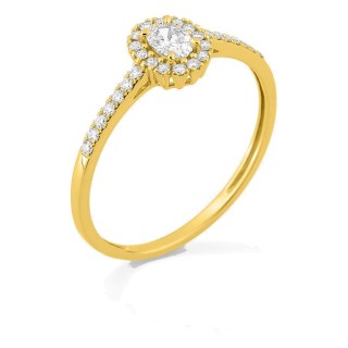 Anillo de oro amarillo 9K con diamantes creados 0,30 ct y centro ovalado 0,16 ct en halo