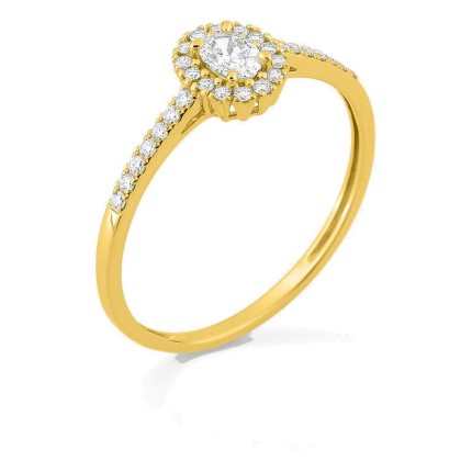 Anillo de oro amarillo 9K con diamantes creados 0,30 ct y centro ovalado 0,16 ct en halo