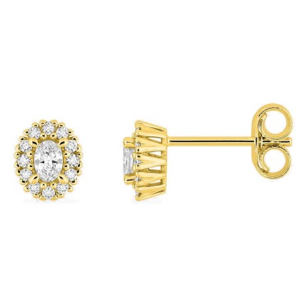 Pendientes de botón de oro amarillo 9K con diamantes creados 0,21 ct y centro ovalado en halo